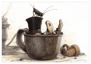 Lutin Endormi dans la Tasse, carte postale de Jean-Baptiste Monge