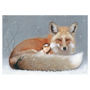Carte postale « La fée et le renard sous la neige », carte postale féerique de Erlé Ferronnière