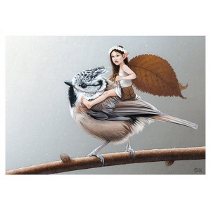 Carte postale « La fée sur la mésange huppée », carte postale féerique de Erlé Ferronnière
