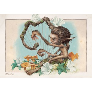 Korrigan joueur de harpe, carte postale féerique de Brucero