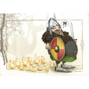 Carte postale de Brucero : Le chasseur de dragons et sa bande de crapoussins