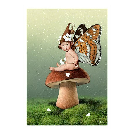 Carte postale « Le bébé fée sur un champignon », carte postale féerique de Erlé Ferronnière