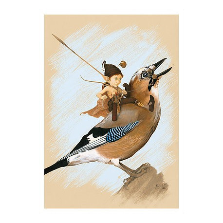 Carte postale « Le pixie sur le geai », carte postale originale de Erlé Ferronnière